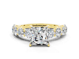 Yellow gold Princess Cut Moissanite Prong Setting with Side Stones on a Pave Band