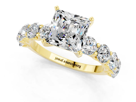 Yellow gold Princess Cut Moissanite Prong Setting with Side Stones on a Pave Band_1