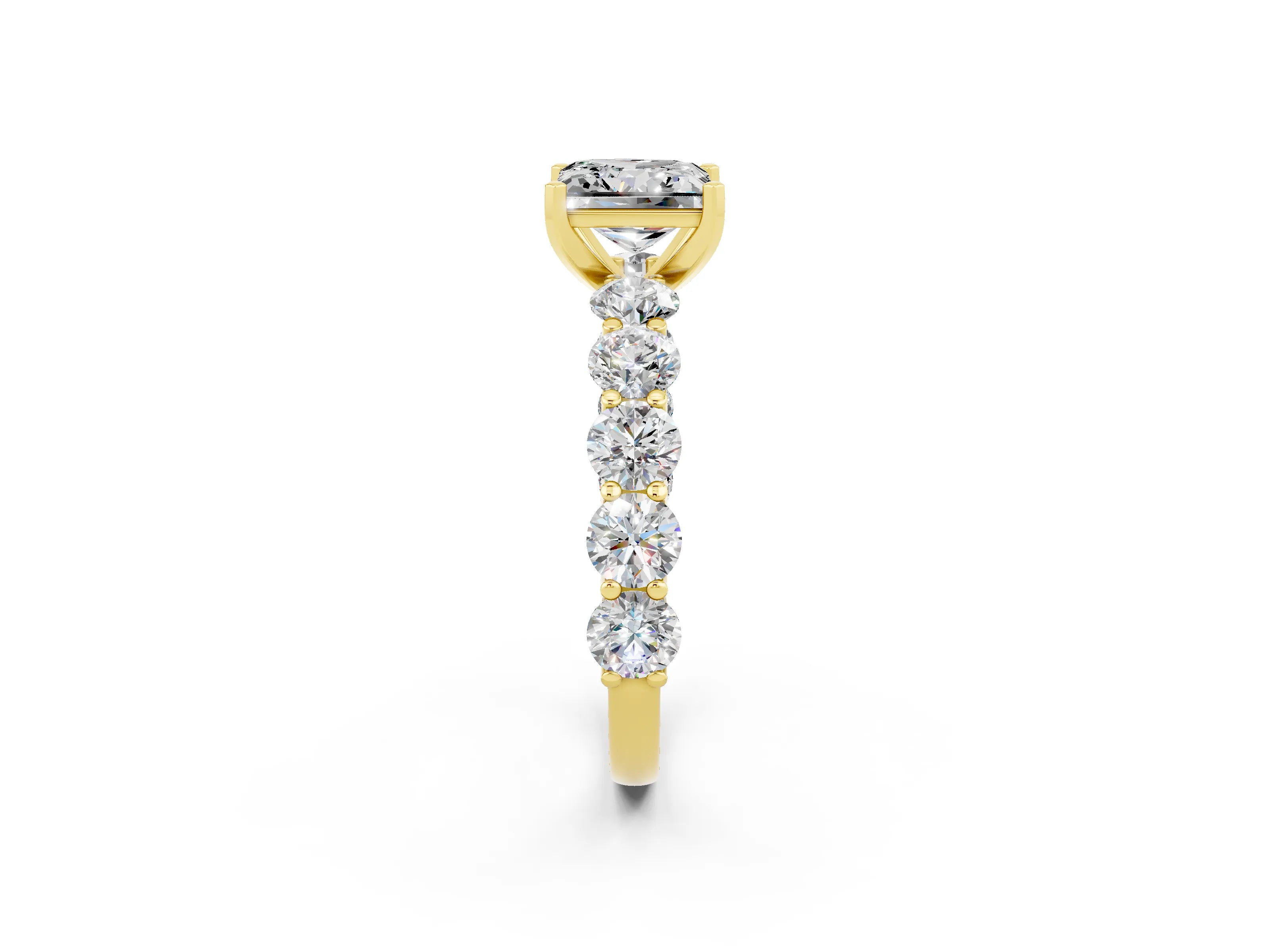 Yellow gold Princess Cut Moissanite Prong Setting with Side Stones on a Pave Band_2