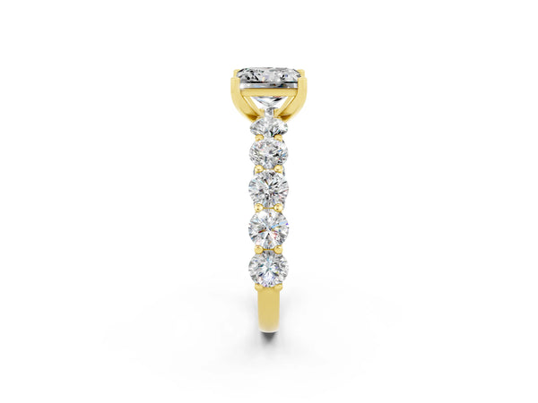Yellow gold Princess Cut Moissanite Prong Setting with Side Stones on a Pave Band