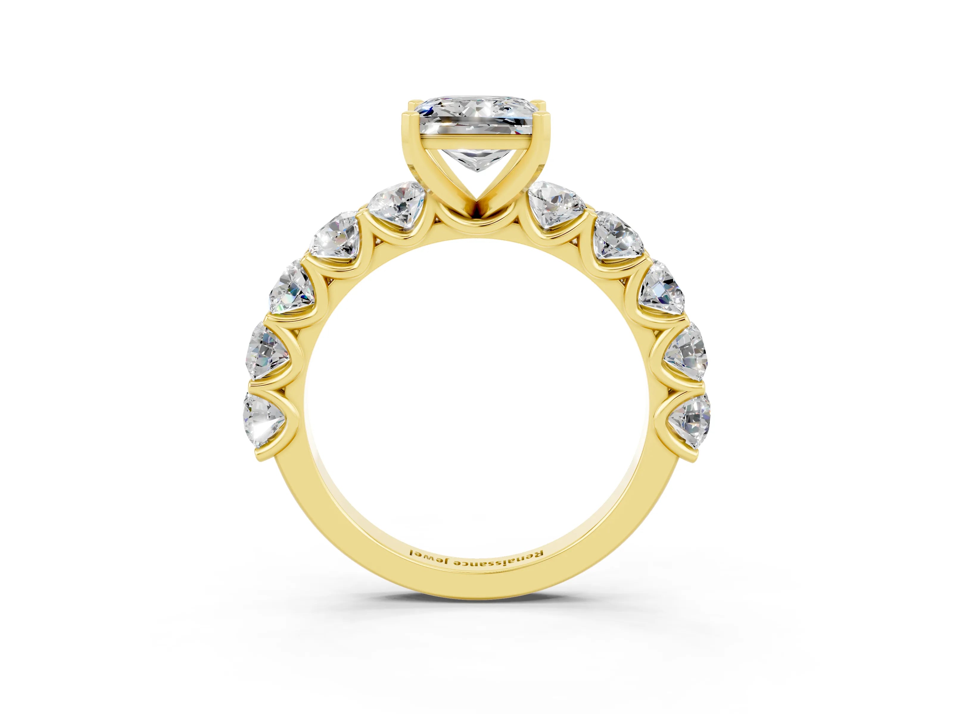 Yellow gold Princess Cut Moissanite Prong Setting with Side Stones on a Pave Band_3