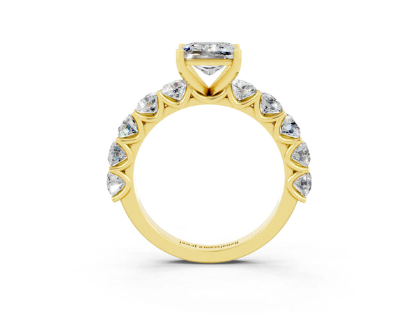 Yellow gold Princess Cut Moissanite Prong Setting with Side Stones on a Pave Band