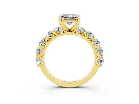 Yellow gold Princess Cut Moissanite Prong Setting with Side Stones on a Pave Band_3