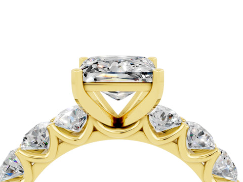 Yellow gold Princess Cut Moissanite Prong Setting with Side Stones on a Pave Band_4