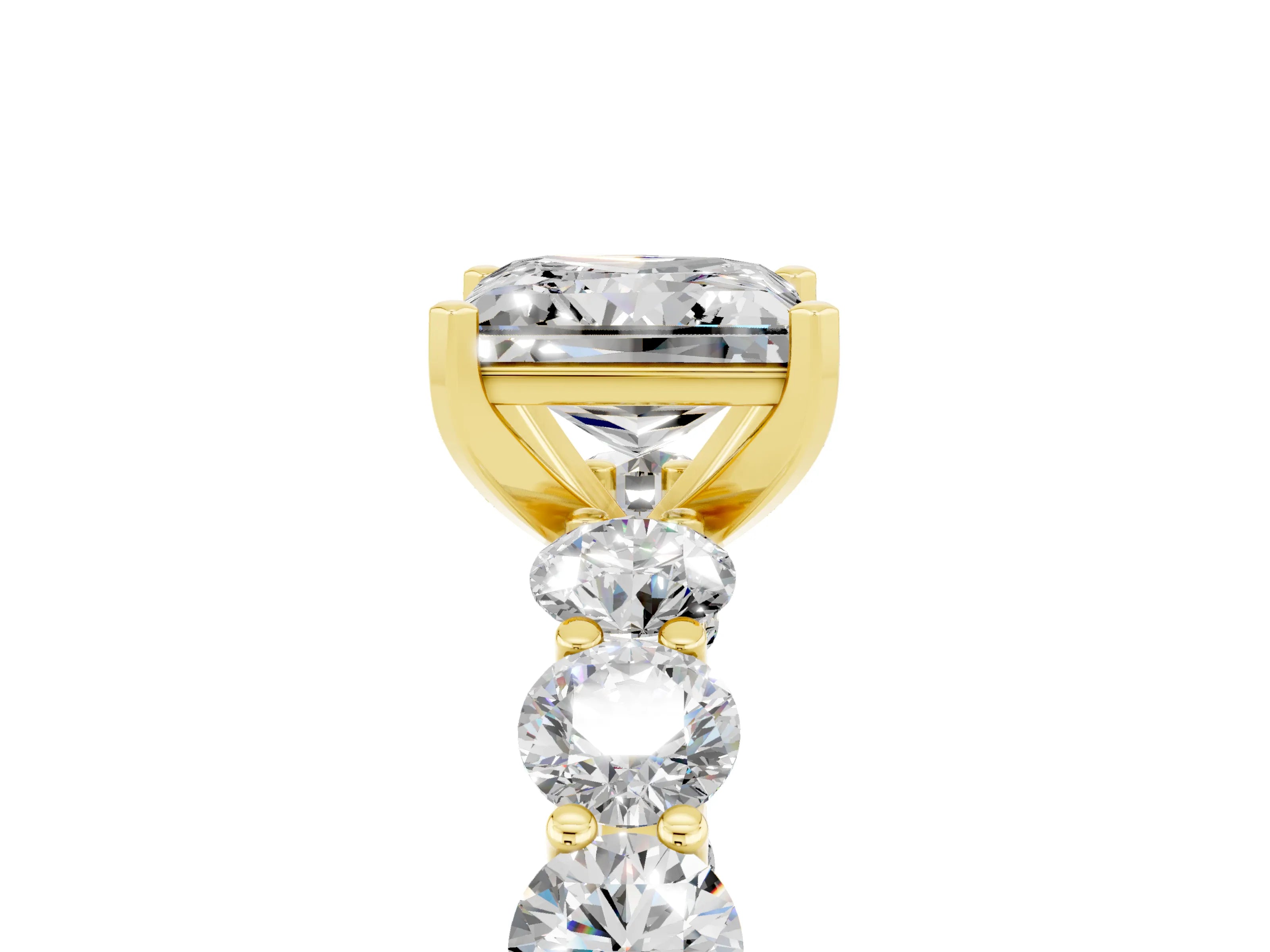 Yellow gold Princess Cut Moissanite Prong Setting with Side Stones on a Pave Band_5