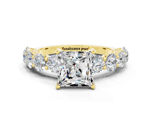 Yellow gold Princess Cut Moissanite Prong Setting with Side Stones on a Pave Band