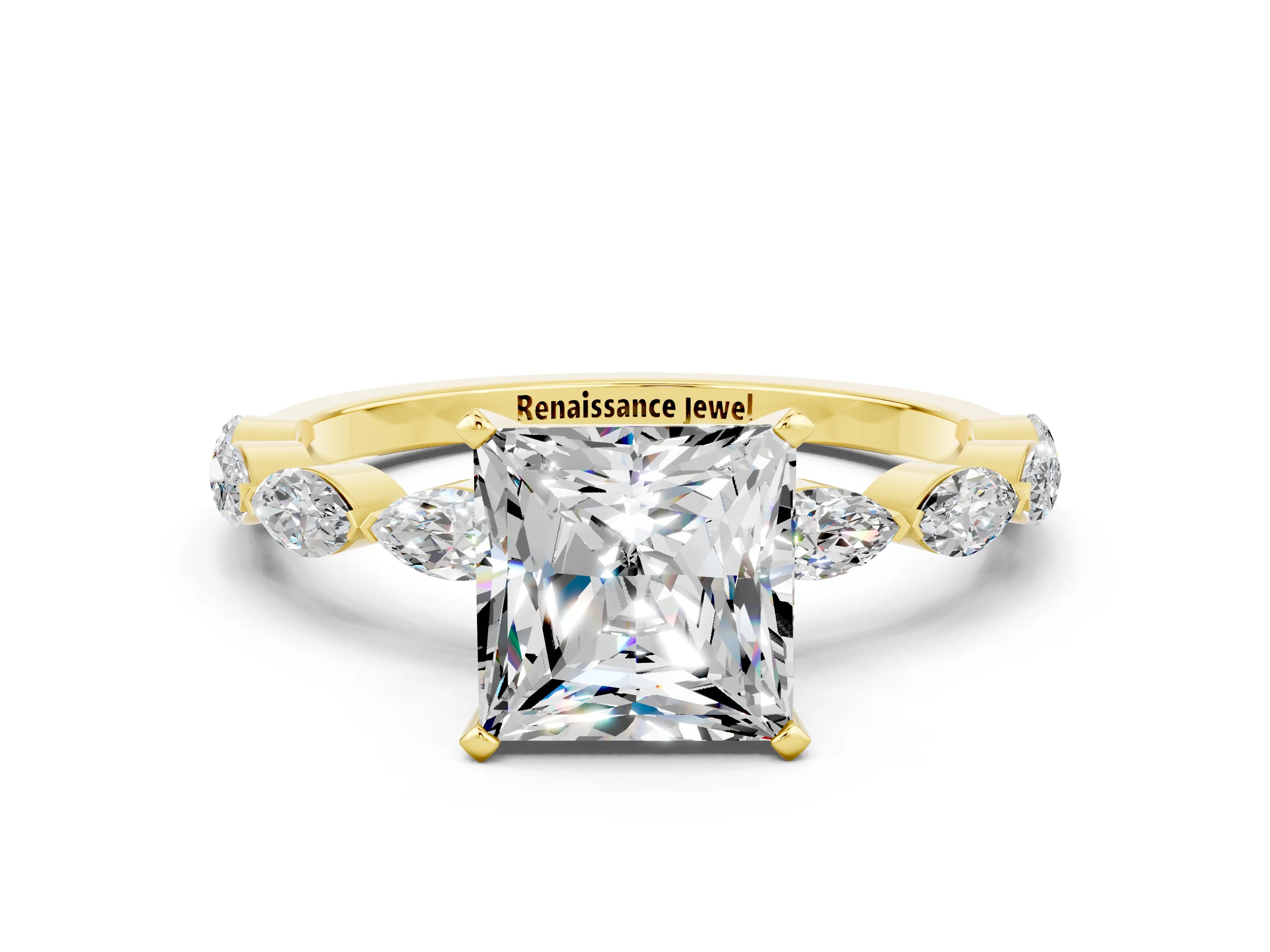 Yellow gold Princess Cut Moissanite Ring with Marquise Side Stones and Prong Setting