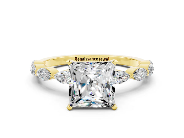 Yellow gold Princess Cut Moissanite Ring with Marquise Side Stones and Prong Setting