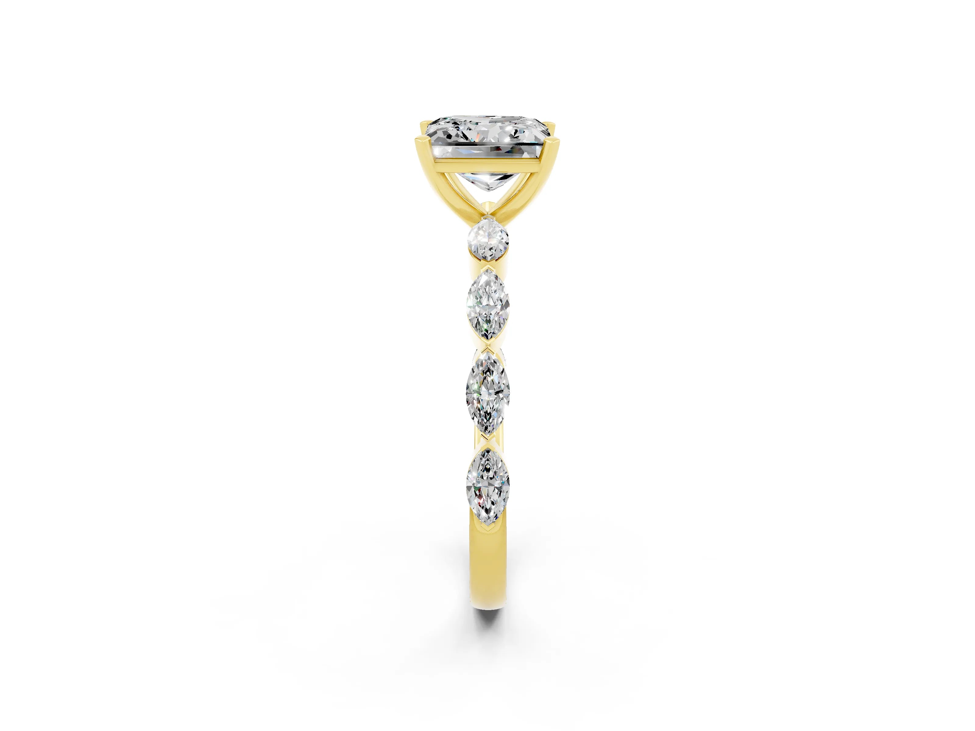 Yellow gold Princess Cut Moissanite Ring with Marquise Side Stones and Prong Setting_2