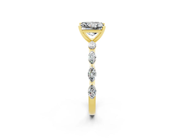 Yellow gold Princess Cut Moissanite Ring with Marquise Side Stones and Prong Setting