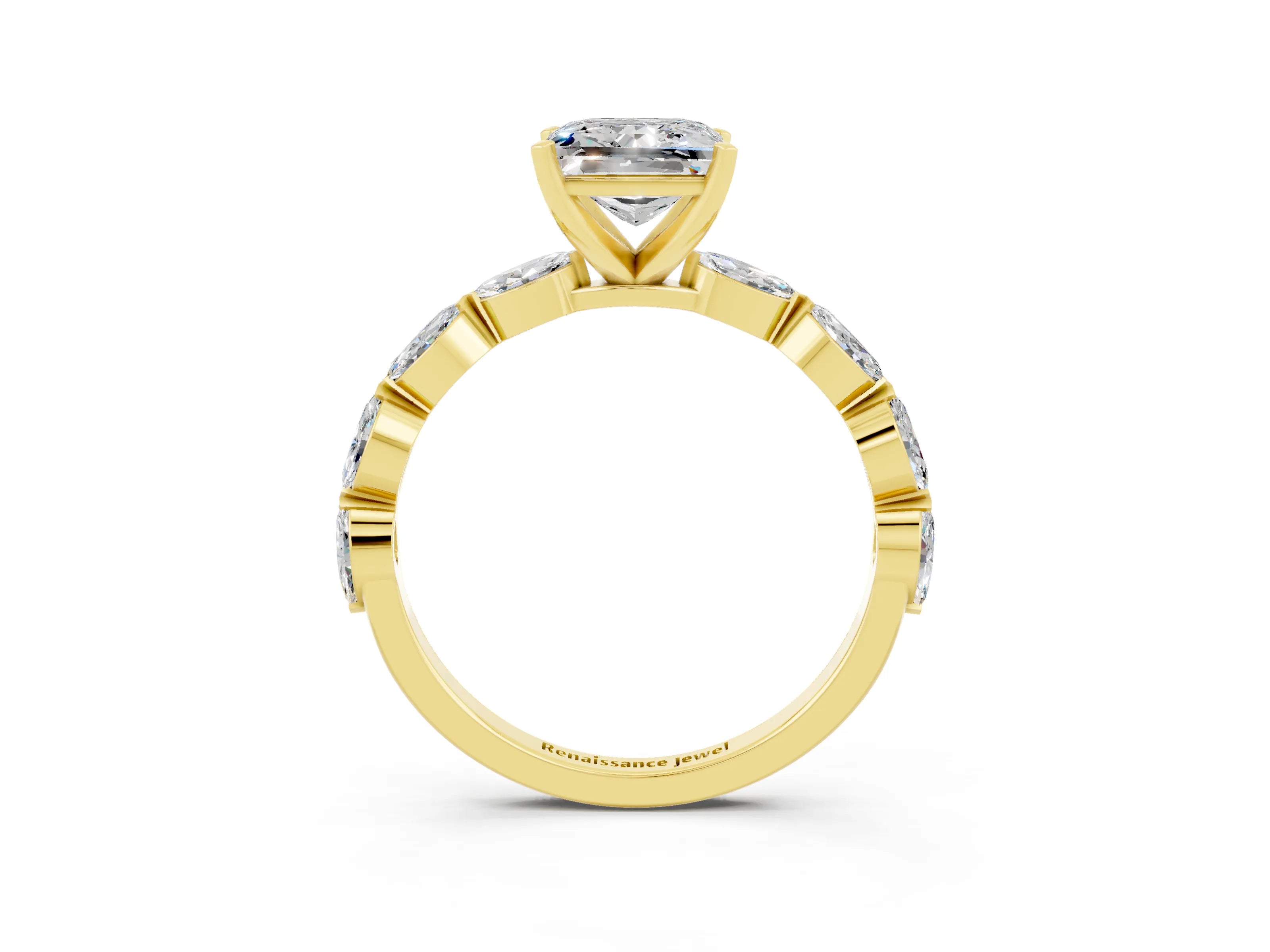 Yellow gold Princess Cut Moissanite Ring with Marquise Side Stones and Prong Setting_3