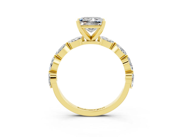 Yellow gold Princess Cut Moissanite Ring with Marquise Side Stones and Prong Setting