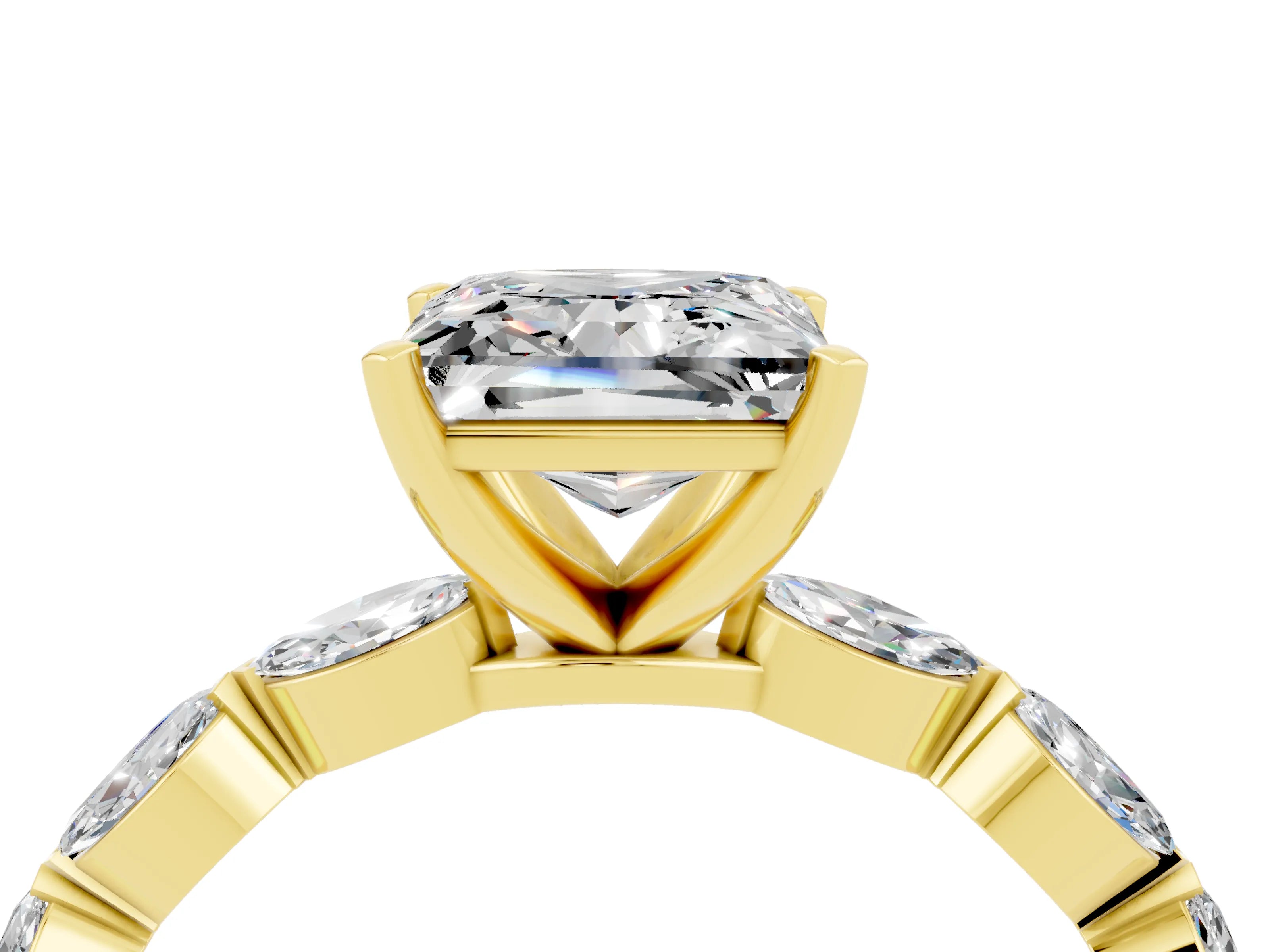 Yellow gold Princess Cut Moissanite Ring with Marquise Side Stones and Prong Setting_4