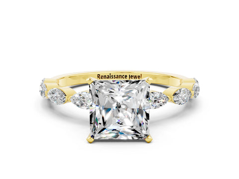 Yellow gold Princess Cut Moissanite Ring with Marquise Side Stones and Prong Setting