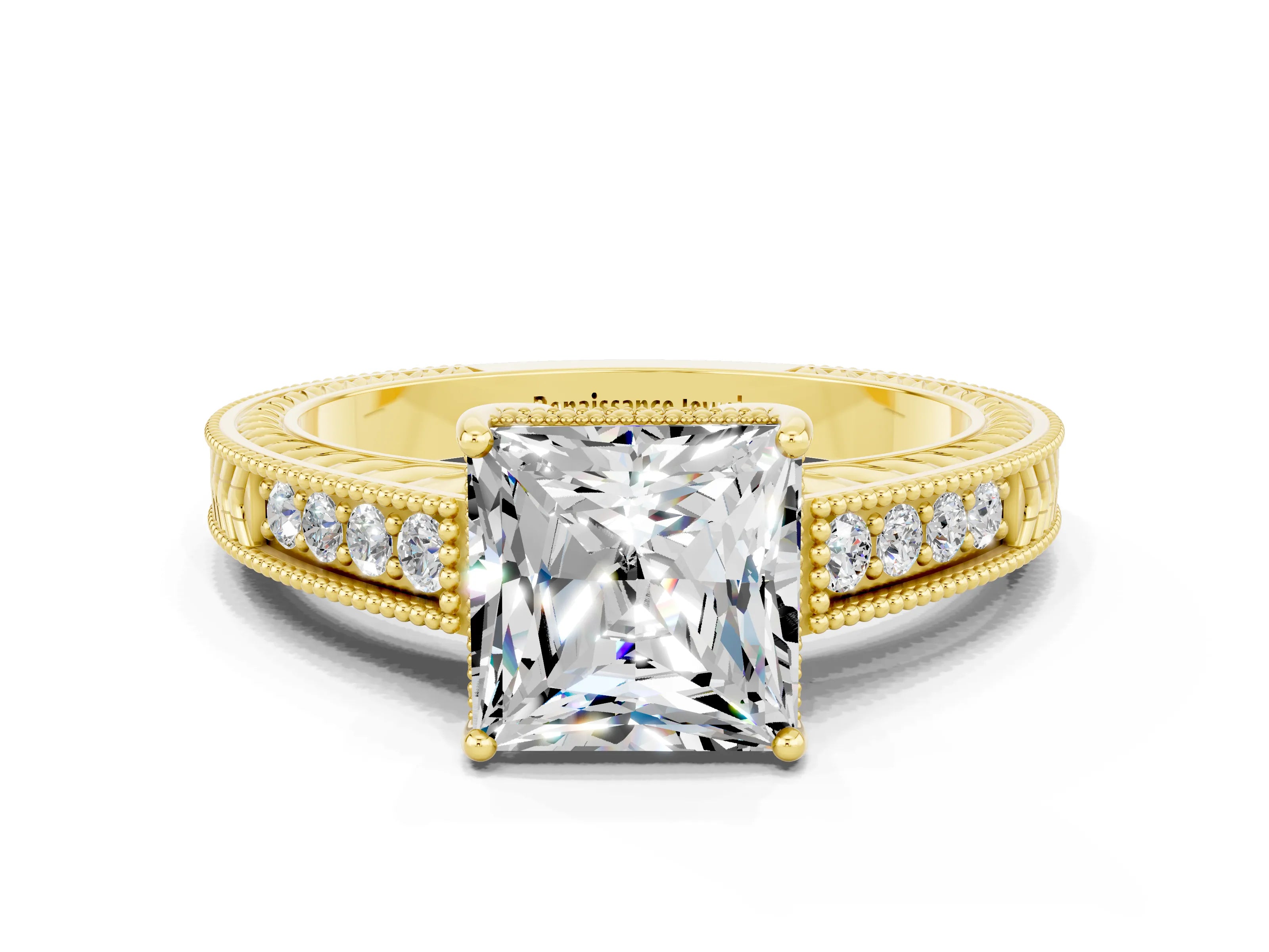 Yellow gold Princess Cut Moissanite Ring with Milgrain Pavé Band and Four-Prong Setting_12