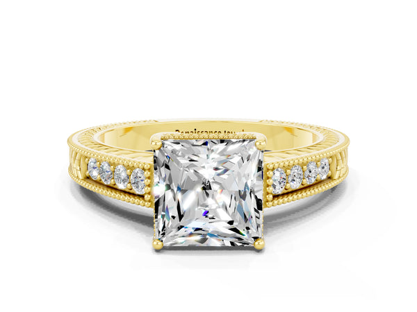 Yellow gold Princess Cut Moissanite Ring with Milgrain Pavé Band and Four-Prong Setting