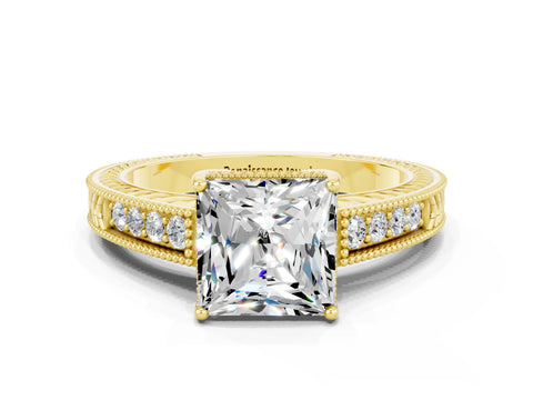 Yellow gold Princess Cut Moissanite Ring with Milgrain Pavé Band and Four-Prong Setting_12