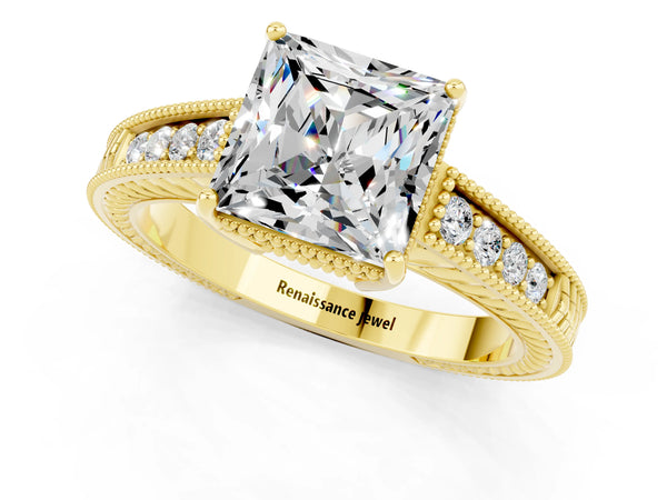 Yellow gold Princess Cut Moissanite Ring with Milgrain Pavé Band and Four-Prong Setting