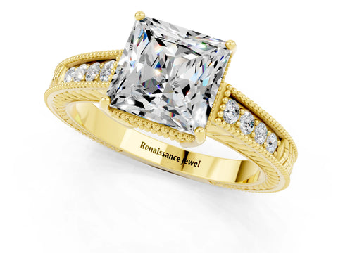 Yellow gold Princess Cut Moissanite Ring with Milgrain Pavé Band and Four-Prong Setting_13