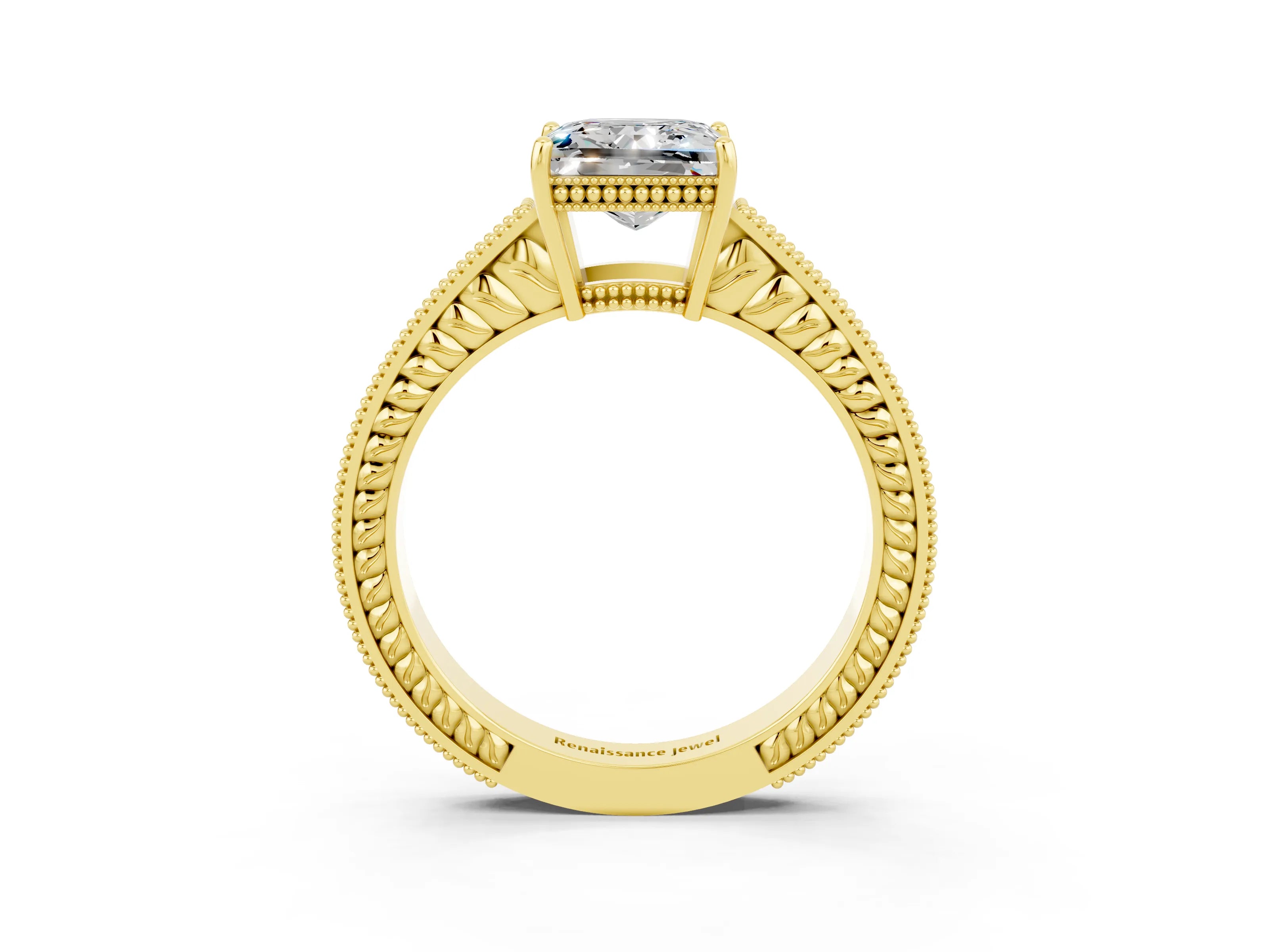 Yellow gold Princess Cut Moissanite Ring with Milgrain Pavé Band and Four-Prong Setting_15