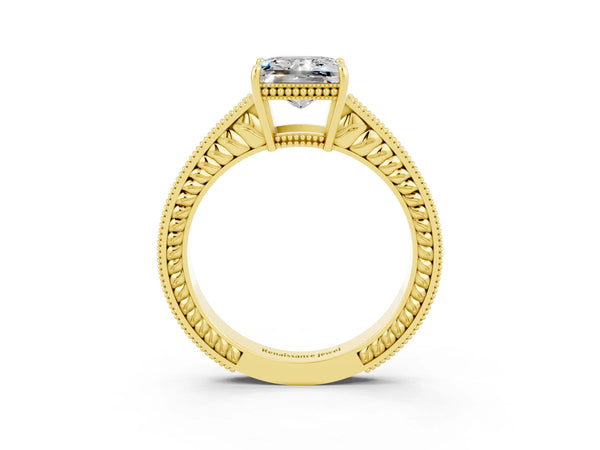 Yellow gold Princess Cut Moissanite Ring with Milgrain Pavé Band and Four-Prong Setting