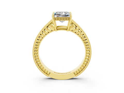 Yellow gold Princess Cut Moissanite Ring with Milgrain Pavé Band and Four-Prong Setting_15