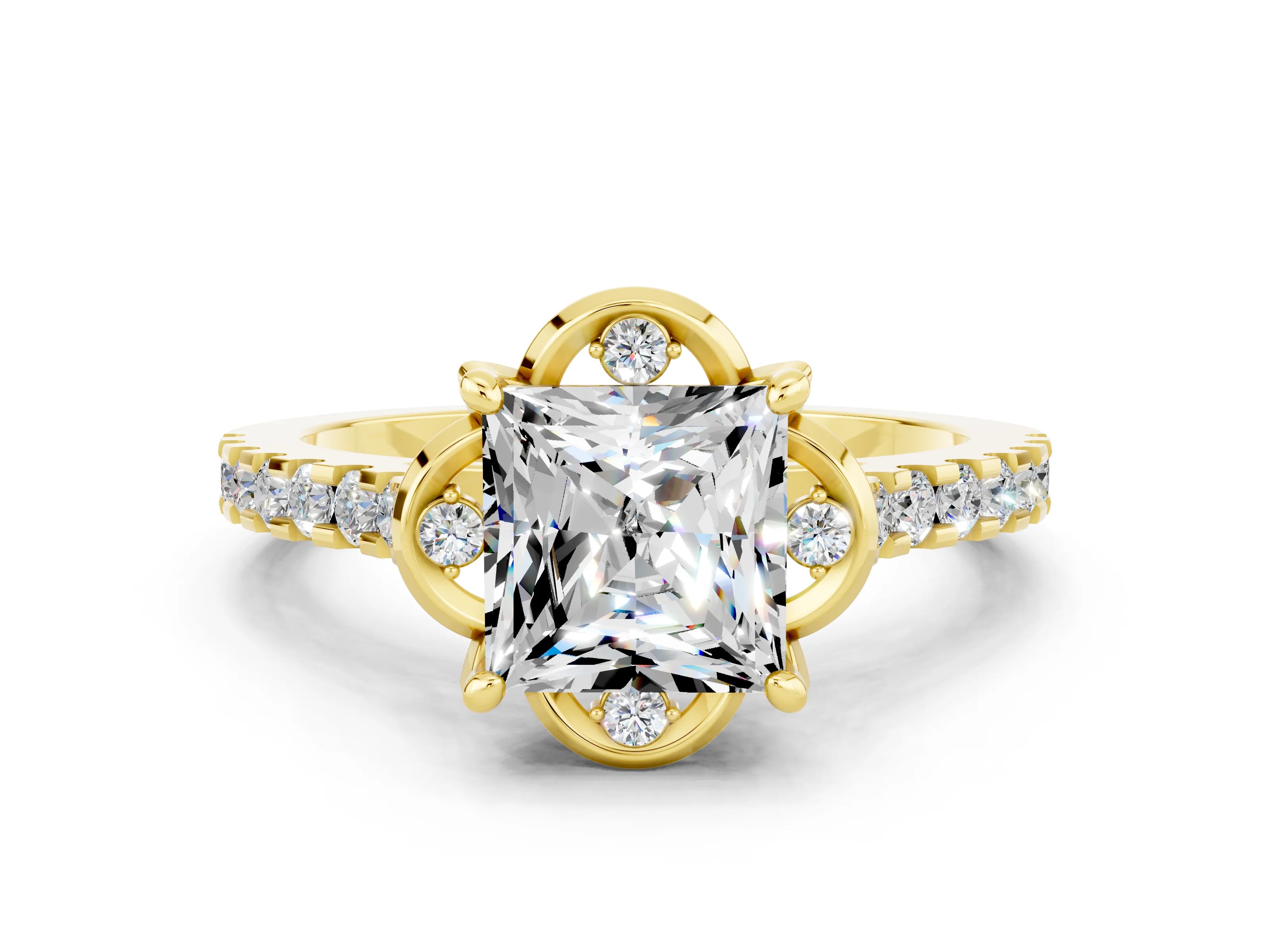 Yellow gold Princess Cut Moissanite Ring with Pavé Band and Floral Prong Setting