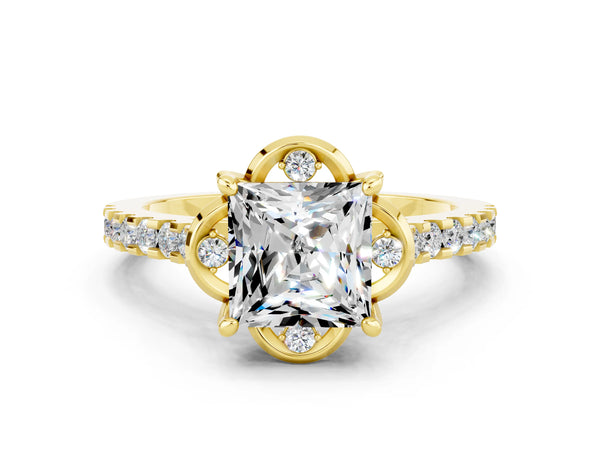 Yellow gold Princess Cut Moissanite Ring with Pavé Band and Floral Prong Setting