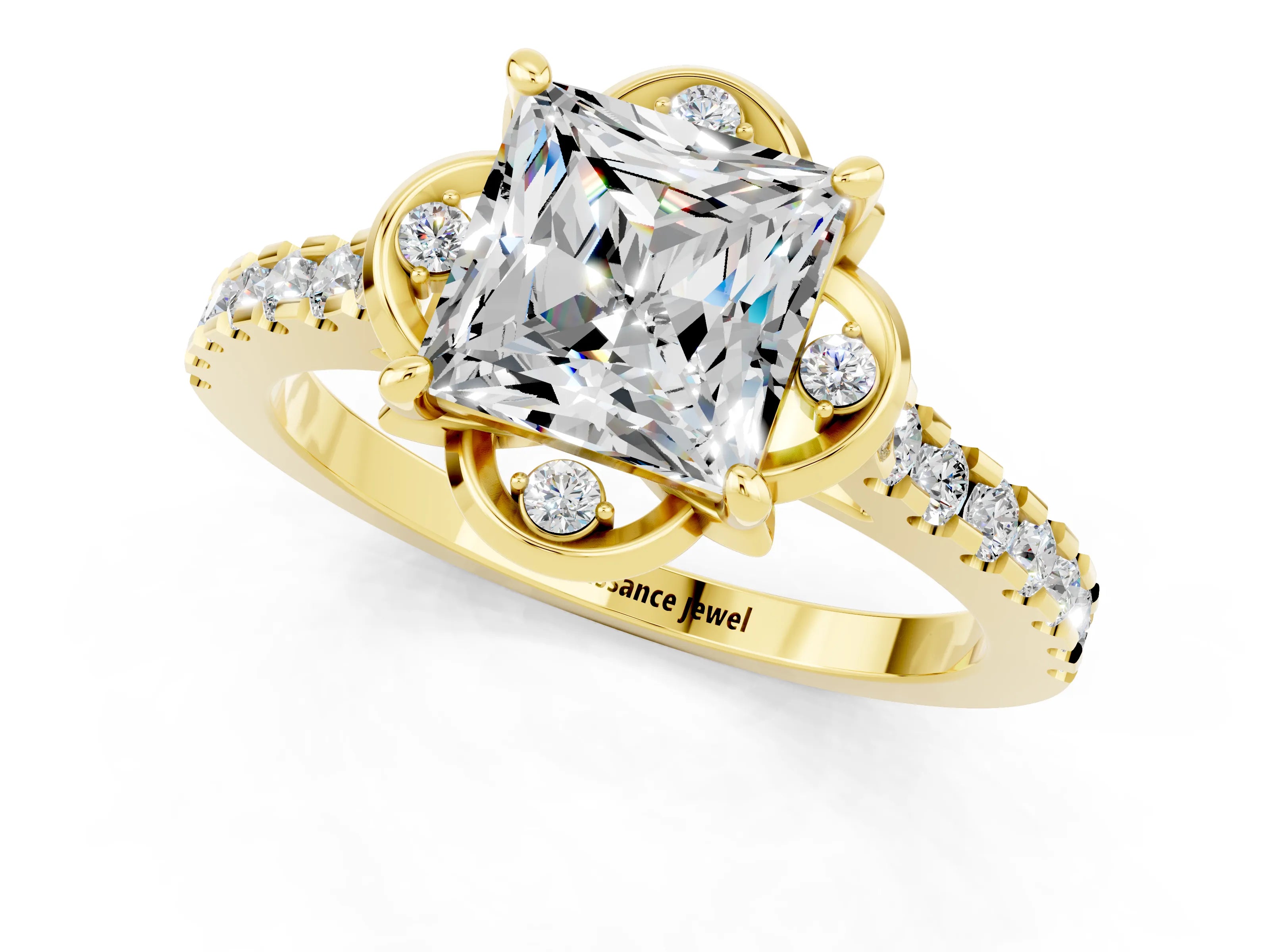 Yellow gold Princess Cut Moissanite Ring with Pavé Band and Floral Prong Setting_1