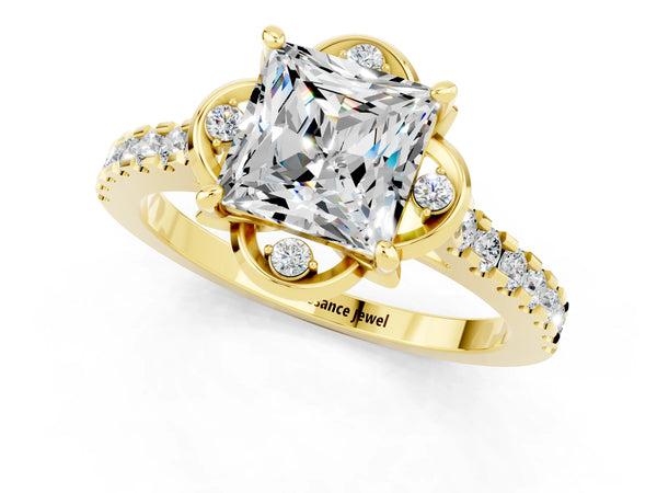 Yellow gold Princess Cut Moissanite Ring with Pavé Band and Floral Prong Setting