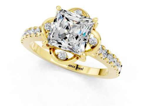 Yellow gold Princess Cut Moissanite Ring with Pavé Band and Floral Prong Setting_1
