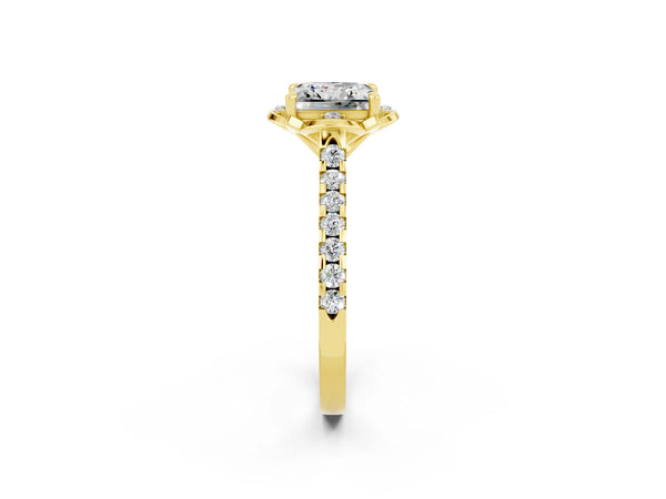 Yellow gold Princess Cut Moissanite Ring with Pavé Band and Floral Prong Setting