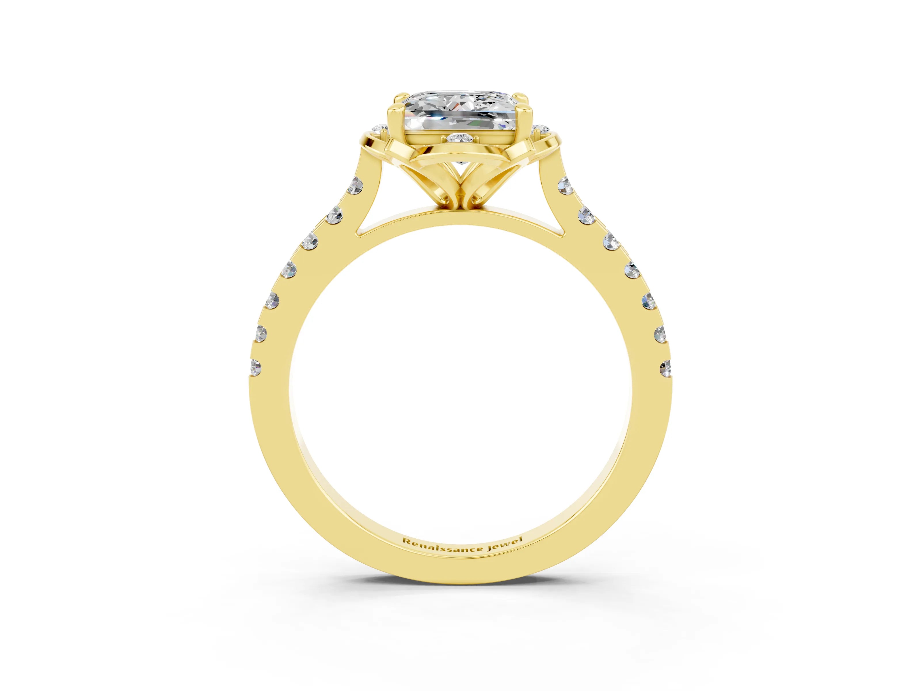 Yellow gold Princess Cut Moissanite Ring with Pavé Band and Floral Prong Setting_3