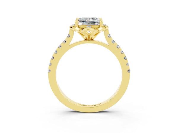 Yellow gold Princess Cut Moissanite Ring with Pavé Band and Floral Prong Setting