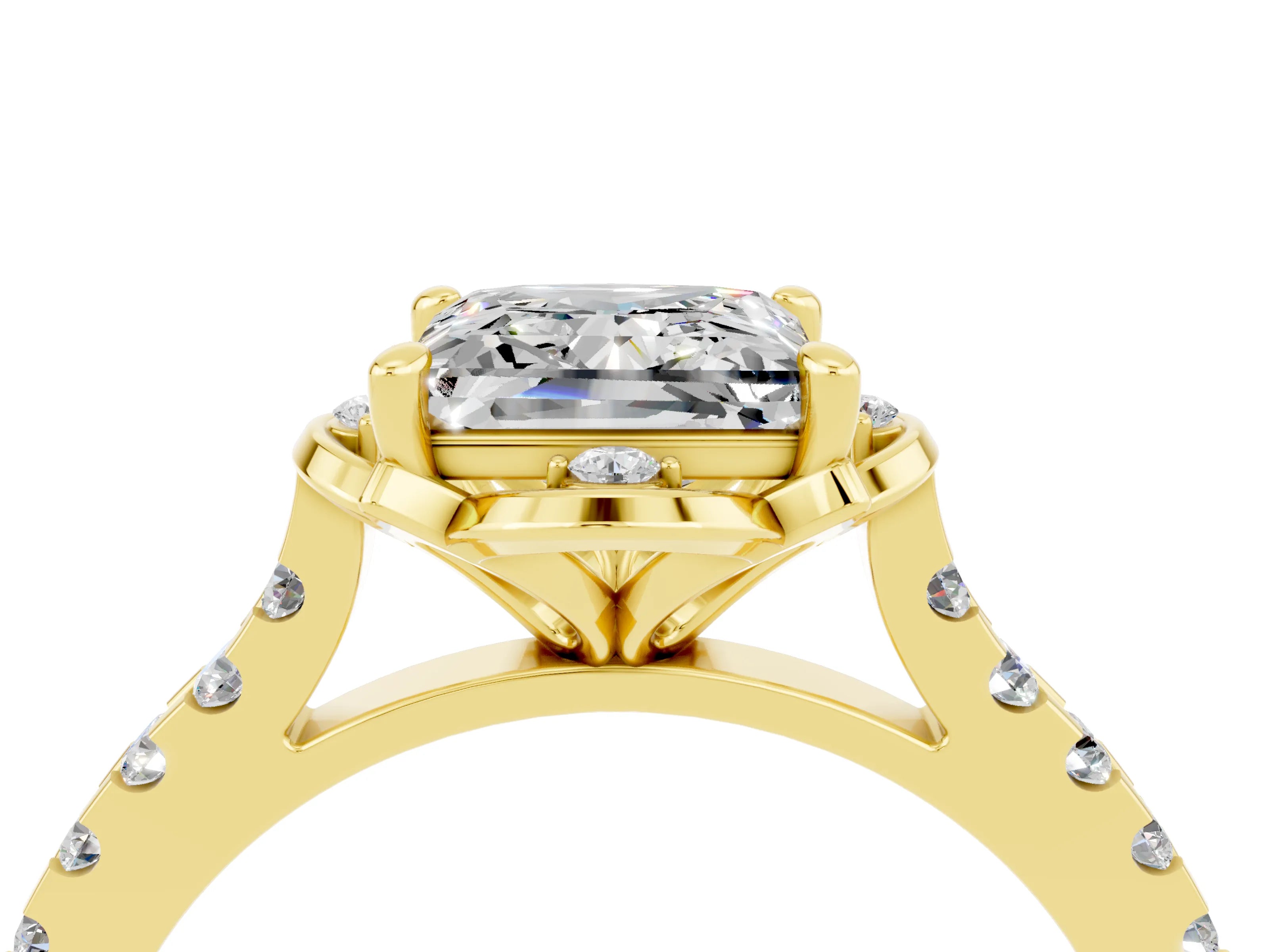Yellow gold Princess Cut Moissanite Ring with Pavé Band and Floral Prong Setting_4