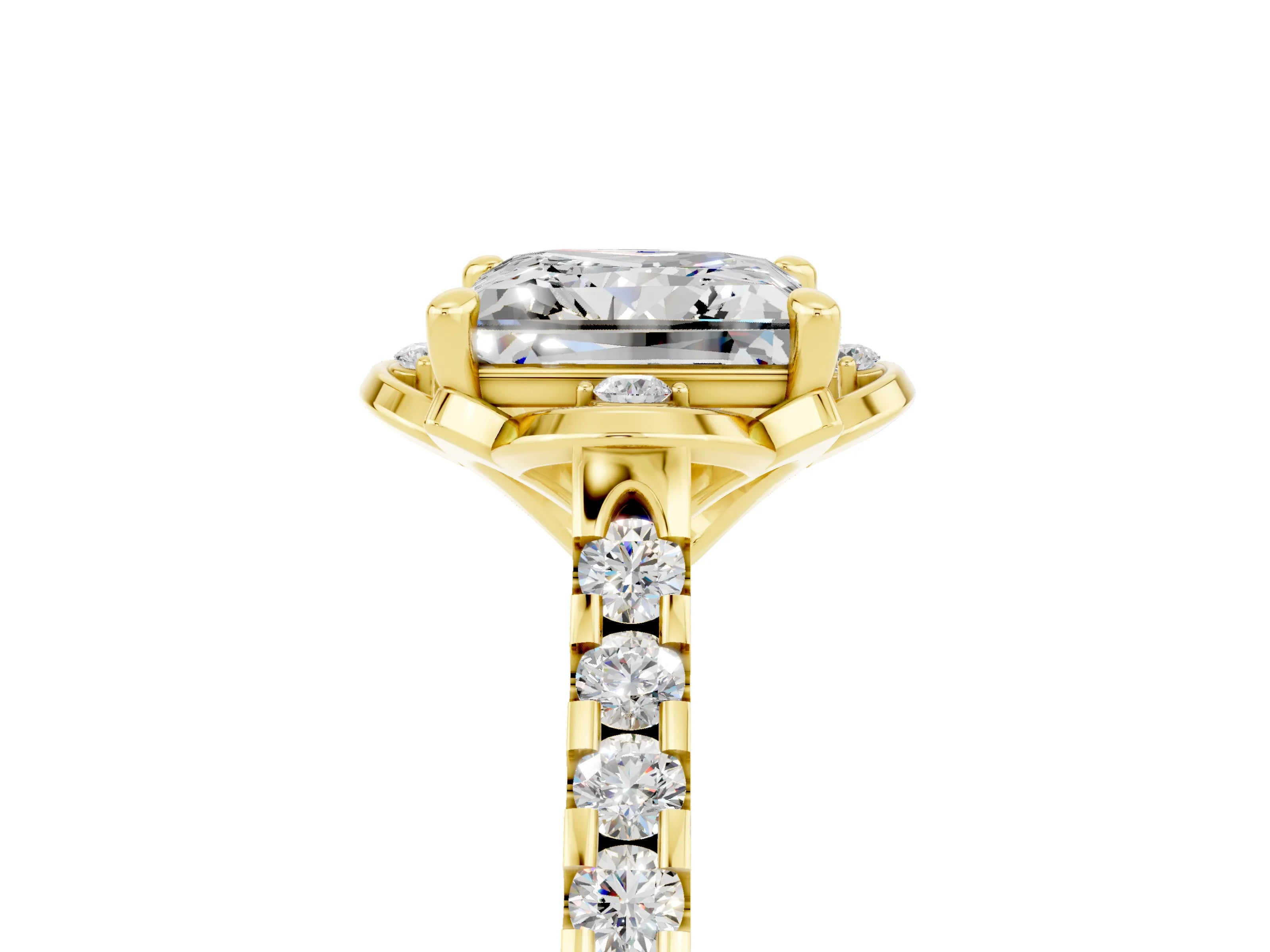 Yellow gold Princess Cut Moissanite Ring with Pavé Band and Floral Prong Setting_5