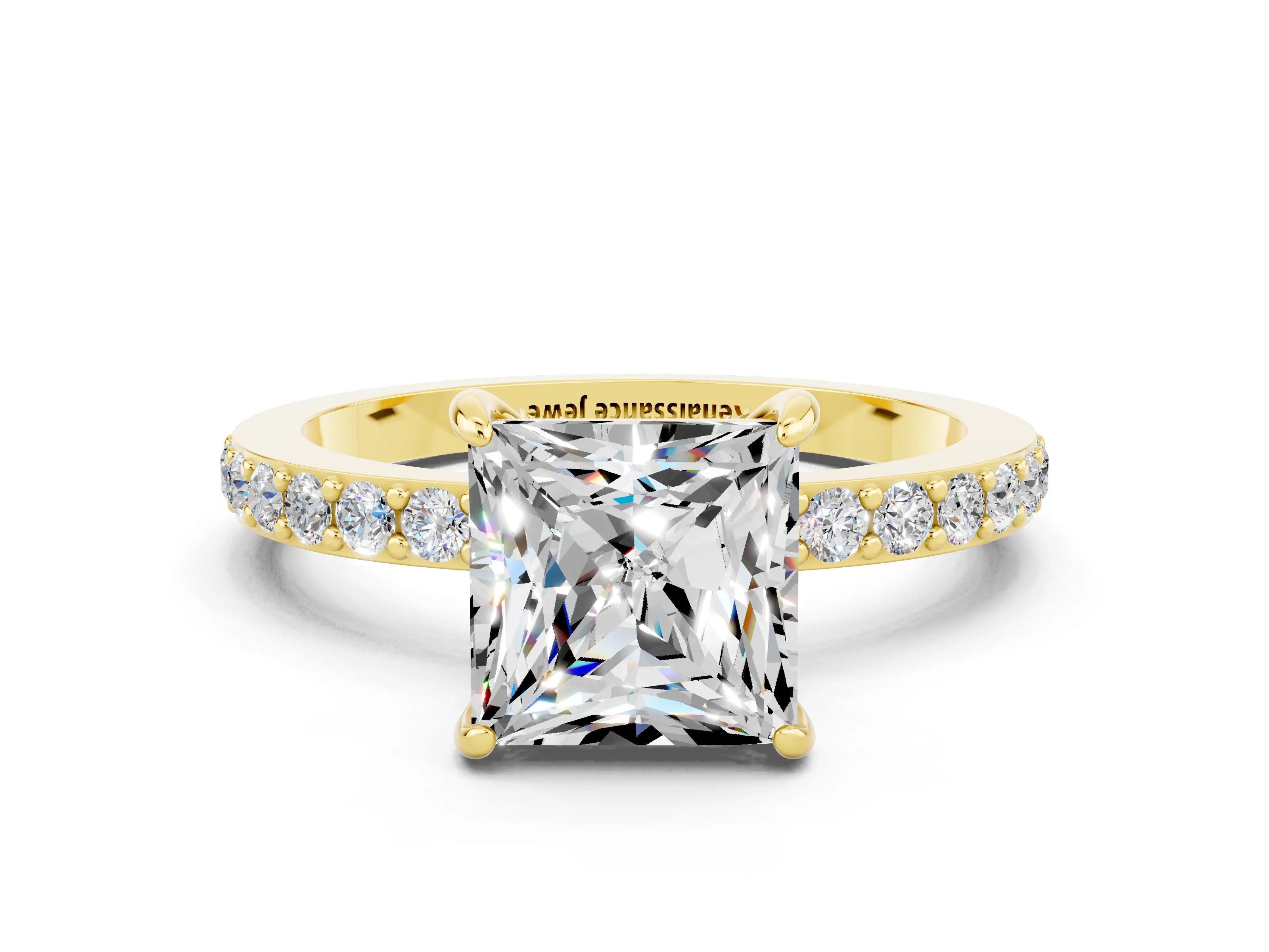 Yellow gold Princess Cut Moissanite Ring with Pavé Band and Four-Prong Setting