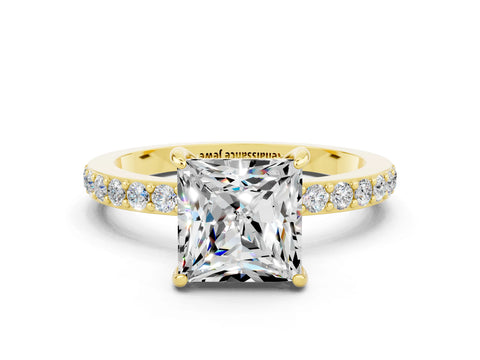 Yellow gold Princess Cut Moissanite Ring with Pavé Band and Four-Prong Setting
