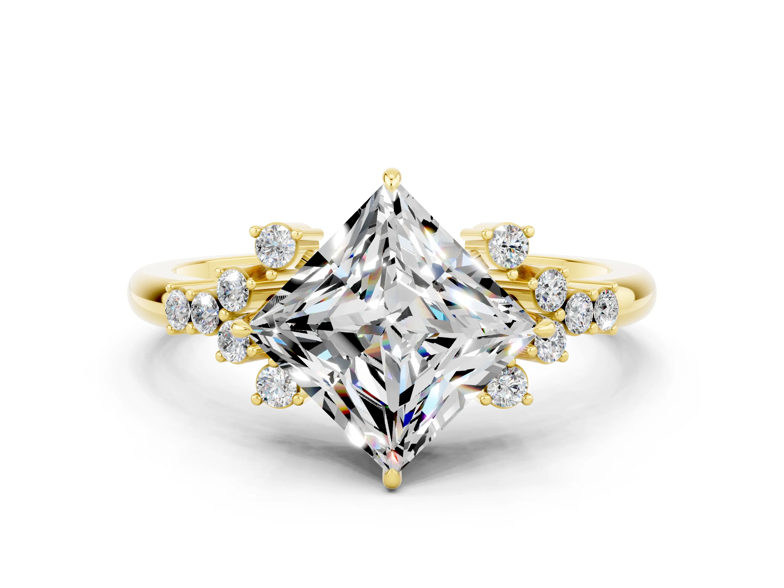 Yellow gold Princess Cut Moissanite Ring with Side Stones and Four-Prong Setting_36