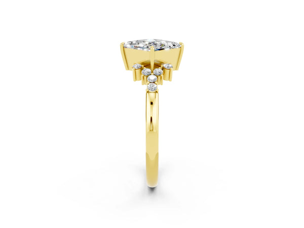 Yellow gold Princess Cut Moissanite Ring with Side Stones and Four-Prong Setting