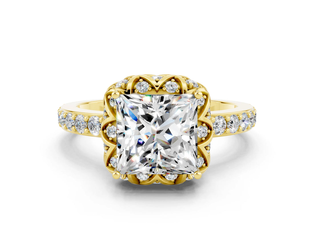 Yellow gold Princess Cut Moissanite Scalloped Halo Engagement Ring with Round Shared Prong Band_12