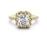 Yellow gold Princess Cut Moissanite Scalloped Halo Engagement Ring with Round Shared Prong Band_12