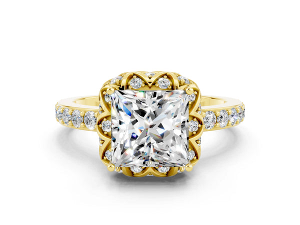 Yellow gold Princess Cut Moissanite Scalloped Halo Engagement Ring with Round Shared Prong Band