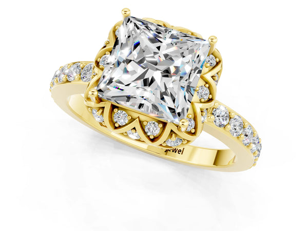 Yellow gold Princess Cut Moissanite Scalloped Halo Engagement Ring with Round Shared Prong Band