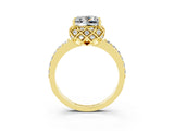 Yellow gold Princess Cut Moissanite Scalloped Halo Engagement Ring with Round Shared Prong Band_15