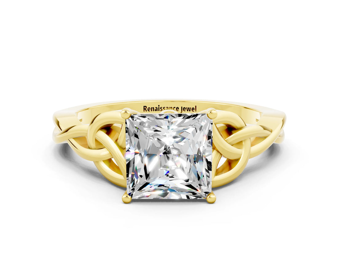 Yellow gold Princess Cut Moissanite Solitaire Celtic Knot Ring with Four-Prong Setting_12