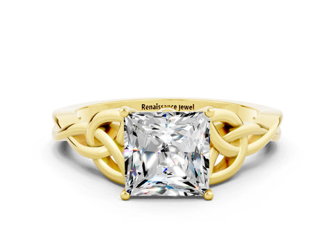 Yellow gold Princess Cut Moissanite Solitaire Celtic Knot Ring with Four-Prong Setting_12