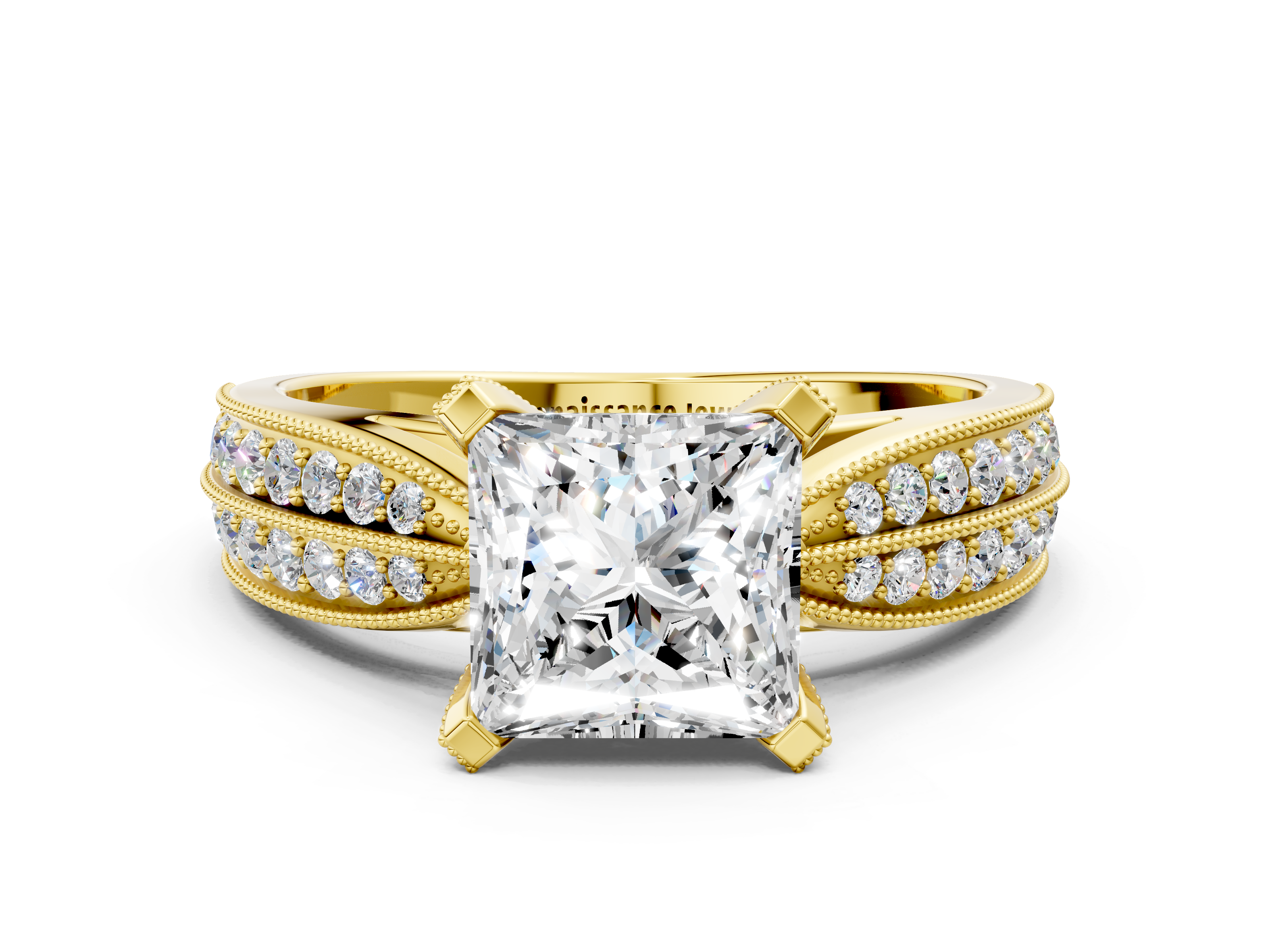 Yellow gold Princess Cut Moissanite   Solitaire Diamond Ring with Milgrain Pavé Band and Four-Prong Setting_34