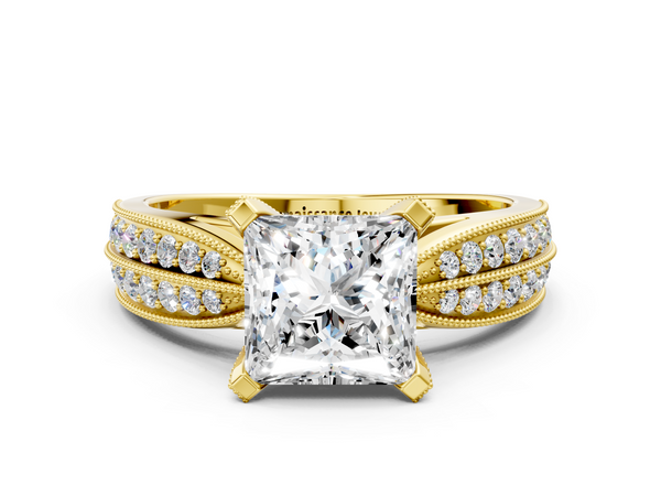Yellow gold Princess Cut Moissanite   Solitaire Diamond Ring with Milgrain Pavé Band and Four-Prong Setting