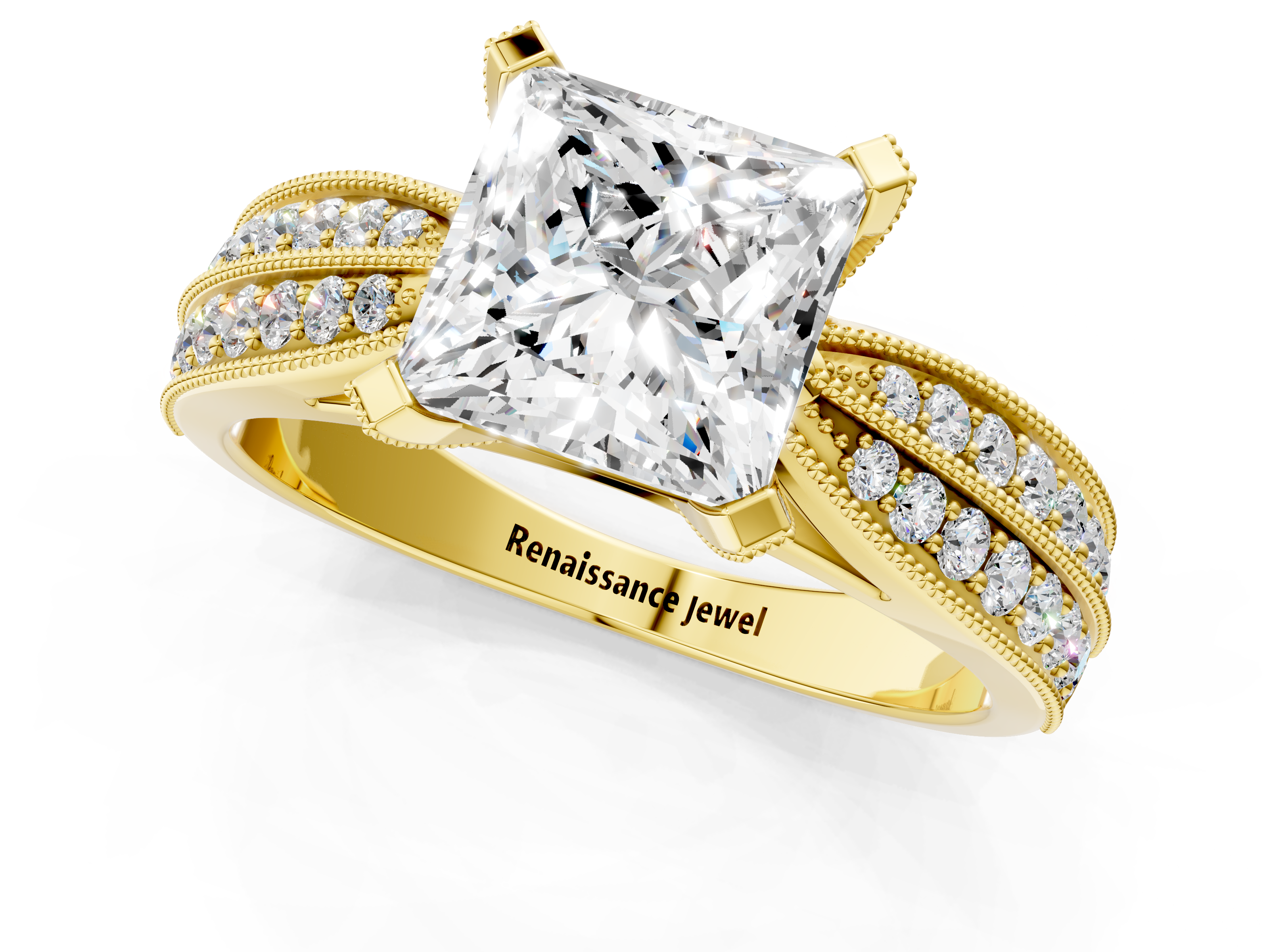 Yellow gold Princess Cut Moissanite   Solitaire Diamond Ring with Milgrain Pavé Band and Four-Prong Setting_35